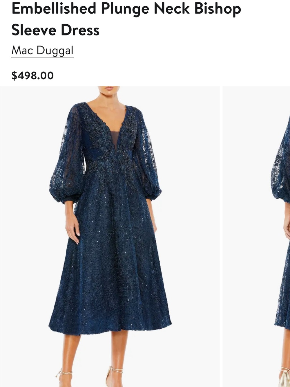 Mac Duggal Navy Beaded Plunge Neck Bishop Sleeve Gown